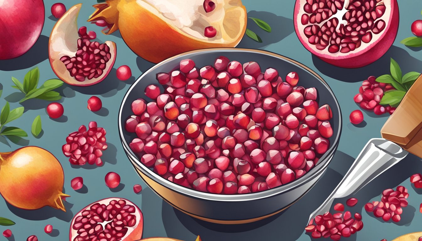 Pomegranate seeds being carefully scooped out from the fruit, placed in a bowl, and mixed with other ingredients for cooking