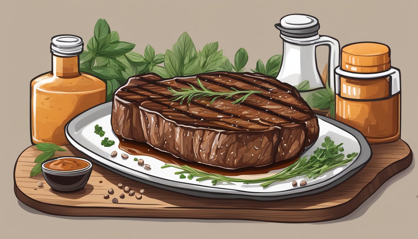 A sizzling steak on a grill with a bottle of A1 Steak Sauce nearby, surrounded by fresh herbs and spices