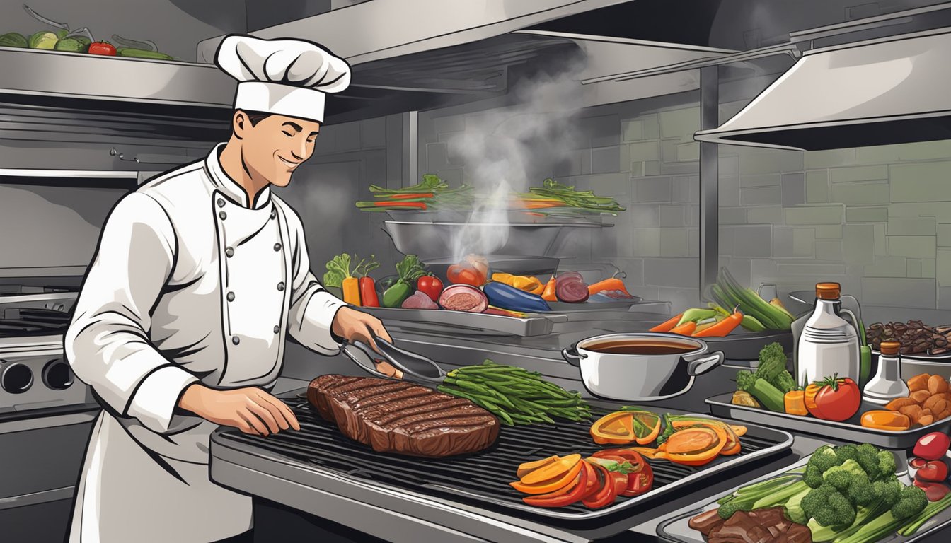 A chef pouring A1 steak sauce onto a sizzling hot grill with various fresh vegetables and meats nearby