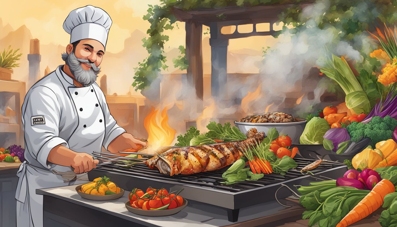 A chef grilling monkfish over an open flame, surrounded by colorful vegetables and herbs