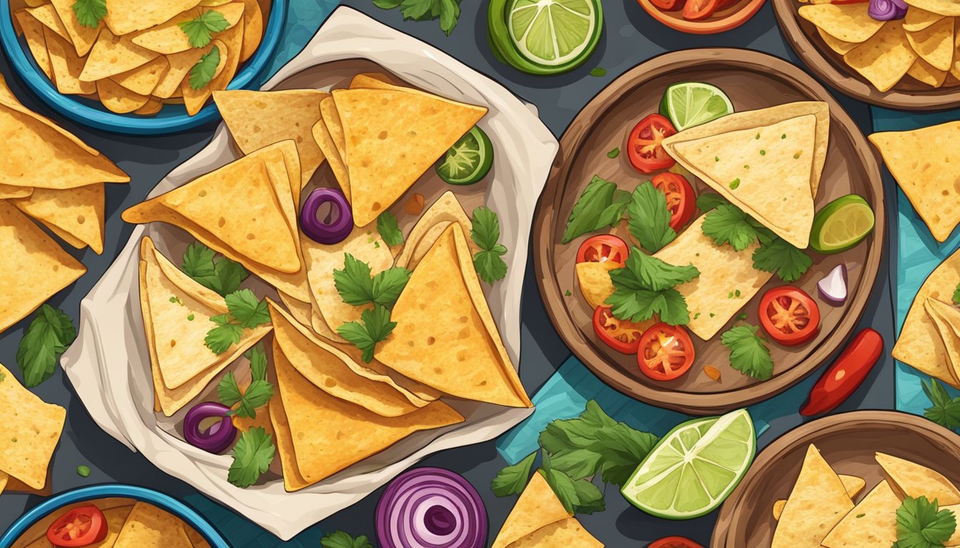 Freshly made tortilla chips arranged in a colorful array with various toppings and garnishes, ready to be used in cooking