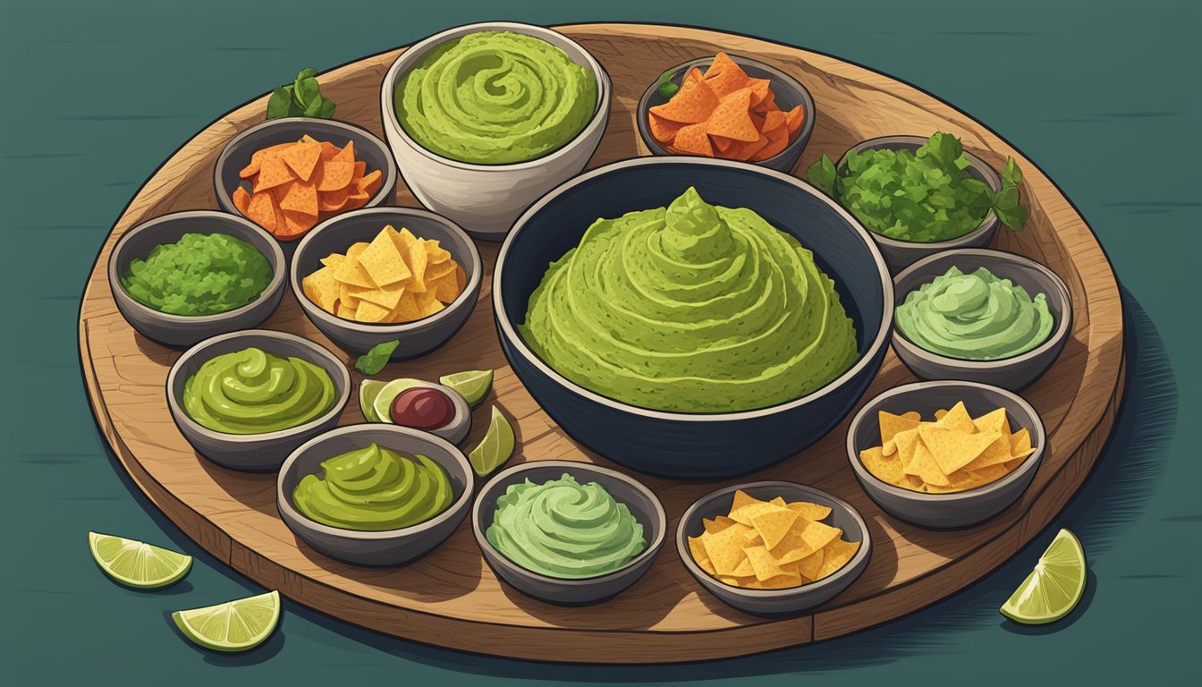 A bowl of freshly made guacamole sits on a wooden table, surrounded by a variety of Xochitl tortilla chips in different flavors and colors