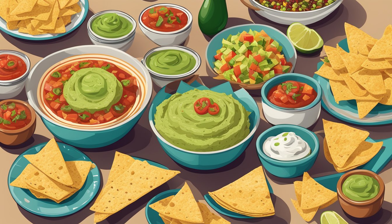 A colorful spread of various dishes, including guacamole, salsa, and queso, arranged around a bowl of Xochitl tortilla chips