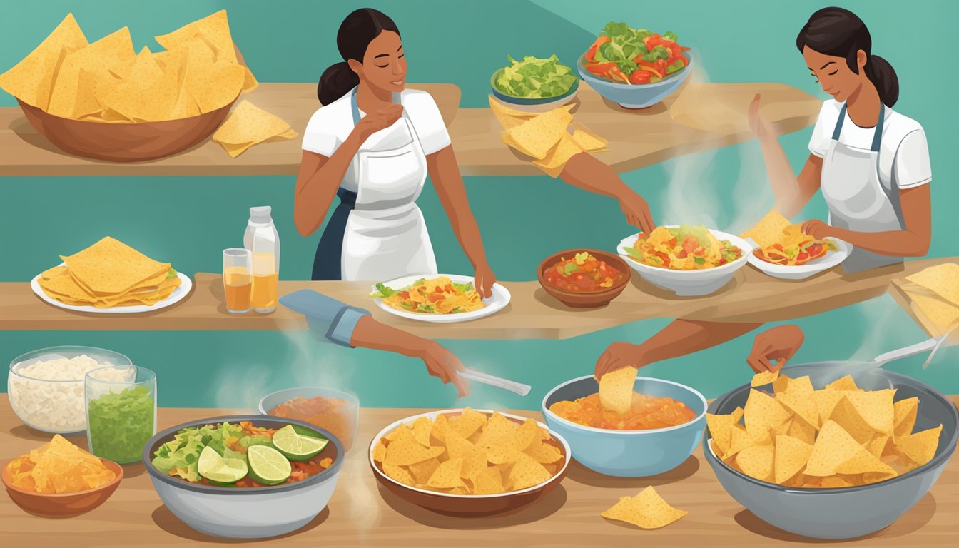 A person cooking with Xochitl tortilla chips, incorporating them into various recipes such as nachos, taco salad, and chicken tortilla soup