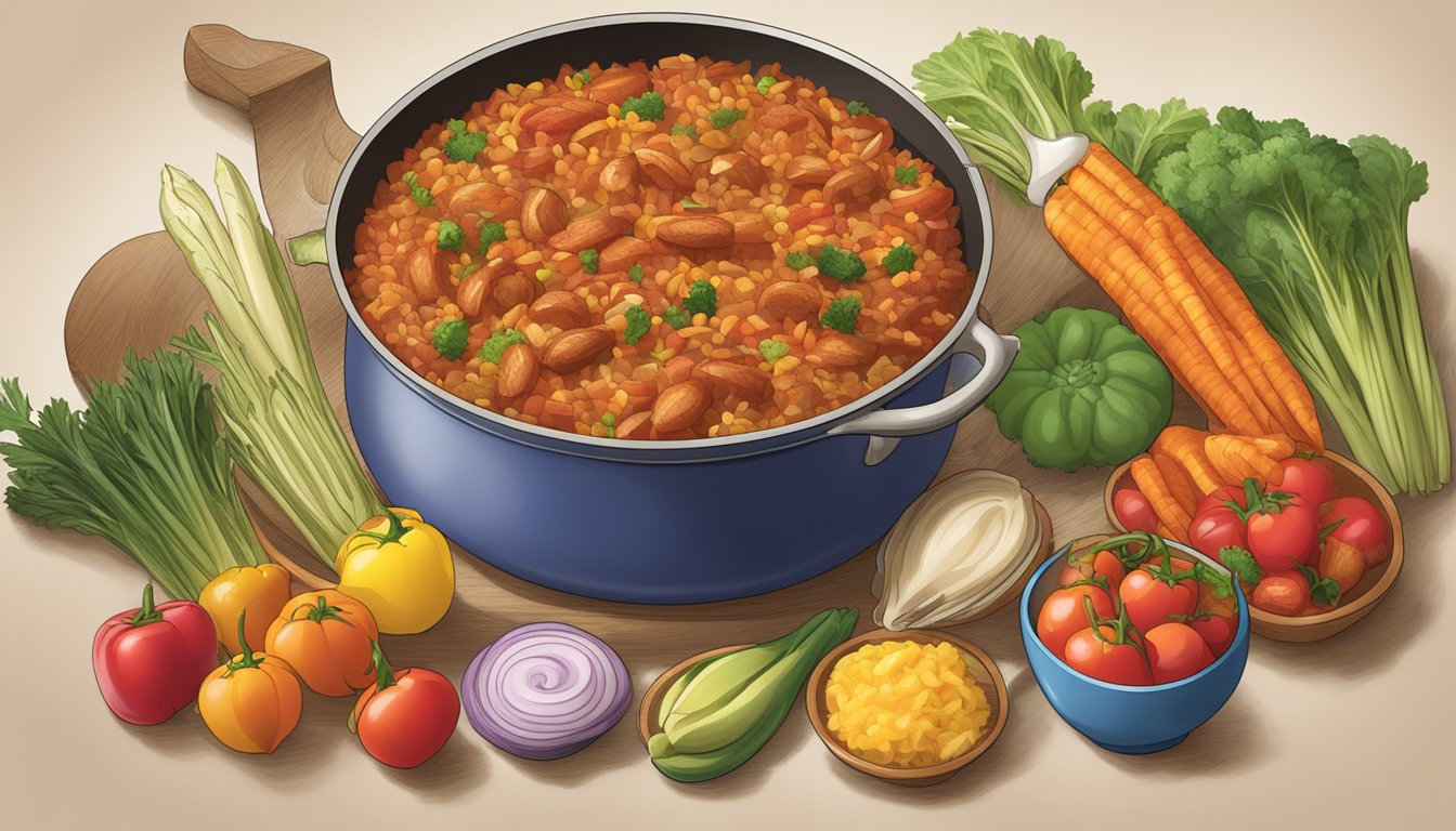 A steaming pot of Zatarain's jambalaya mix, surrounded by colorful vegetables and a decorative serving platter