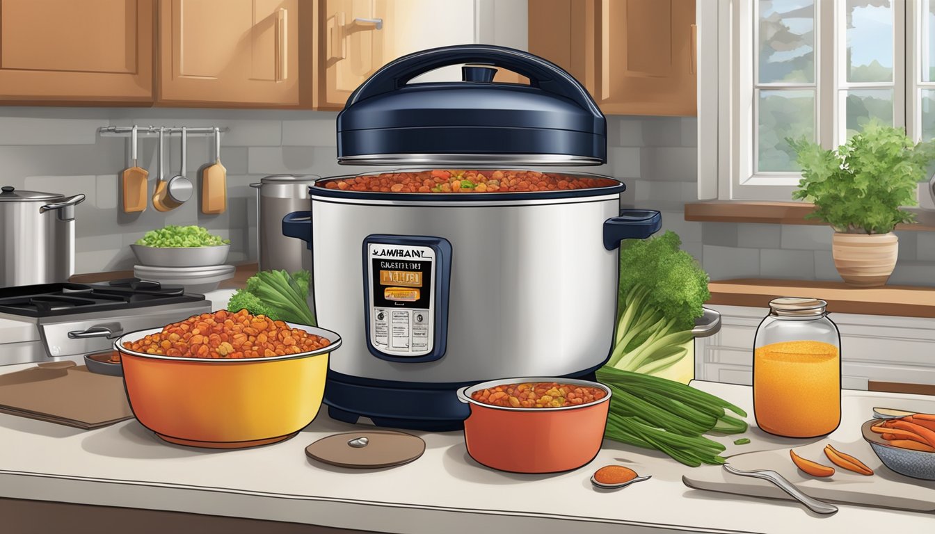 A colorful kitchen counter with various ingredients and a box of Zatarain's Jambalaya mix, a pot simmering on the stove