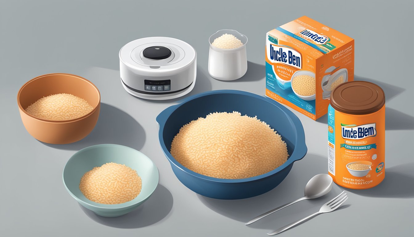 A kitchen counter with a microwave, a box of Uncle Ben's Ready Rice, a measuring cup, and a fork