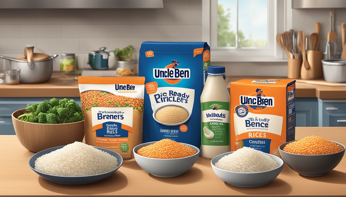 A kitchen counter with open boxes of Uncle Ben's Ready Rice, various fresh ingredients, and cooking utensils ready for meal preparation