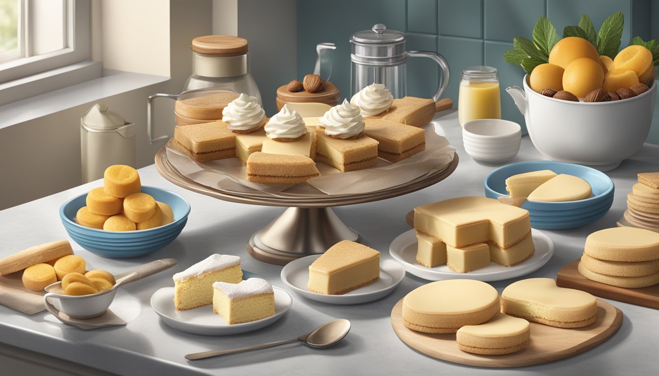 A kitchen counter with a variety of desserts made with Walker's shortbread as the base, surrounded by ingredients and utensils