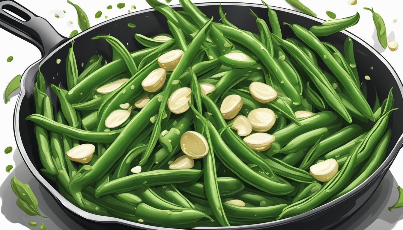 Fresh green beans being tossed in a sizzling pan of melted butter and garlic, with a sprinkle of salt and pepper for added flavor