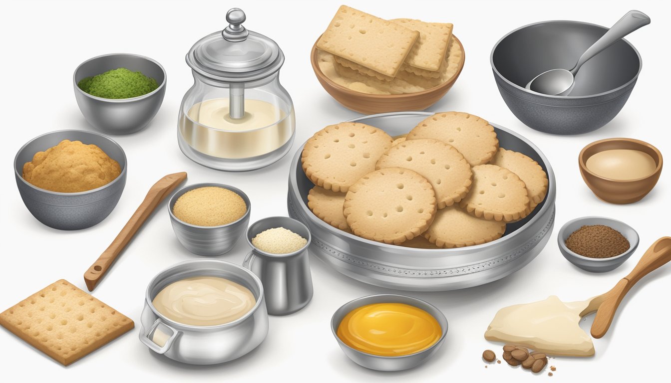 A table set with a variety of ingredients, including Walker's shortbread, surrounded by mixing bowls and measuring utensils