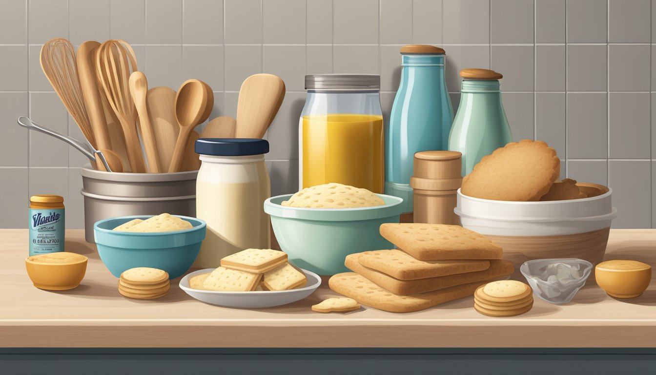 A kitchen counter with a variety of baking ingredients and utensils, including a box of Walkers Shortbread, a mixing bowl, and a rolling pin