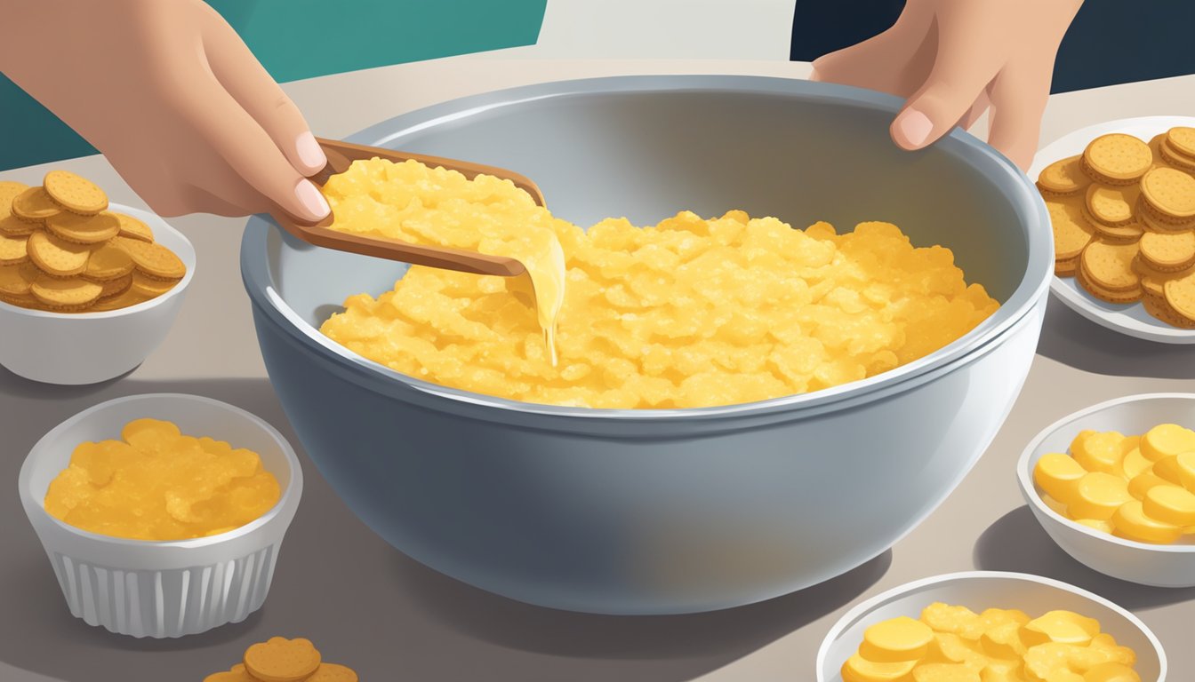 A bowl of crushed Ritz crackers being mixed with melted butter for a buttery topping