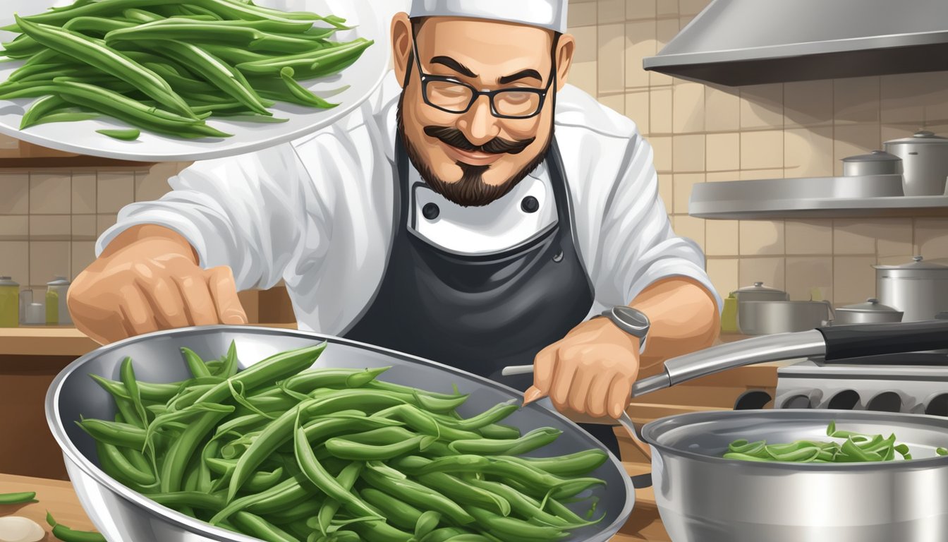 A chef tosses fresh green beans in a skillet with garlic and olive oil, then stores them in a glass container for later use