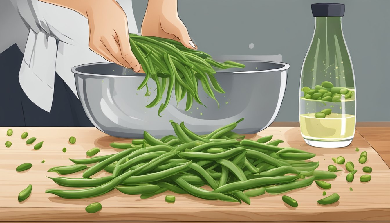 Fresh green beans being washed and trimmed, then tossed with olive oil and seasonings on a cutting board