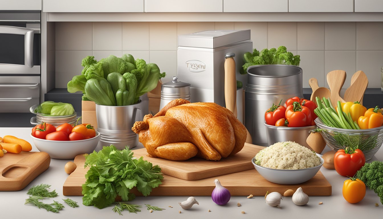 A kitchen counter with a package of Tyson chicken, surrounded by fresh vegetables, herbs, and various cooking utensils