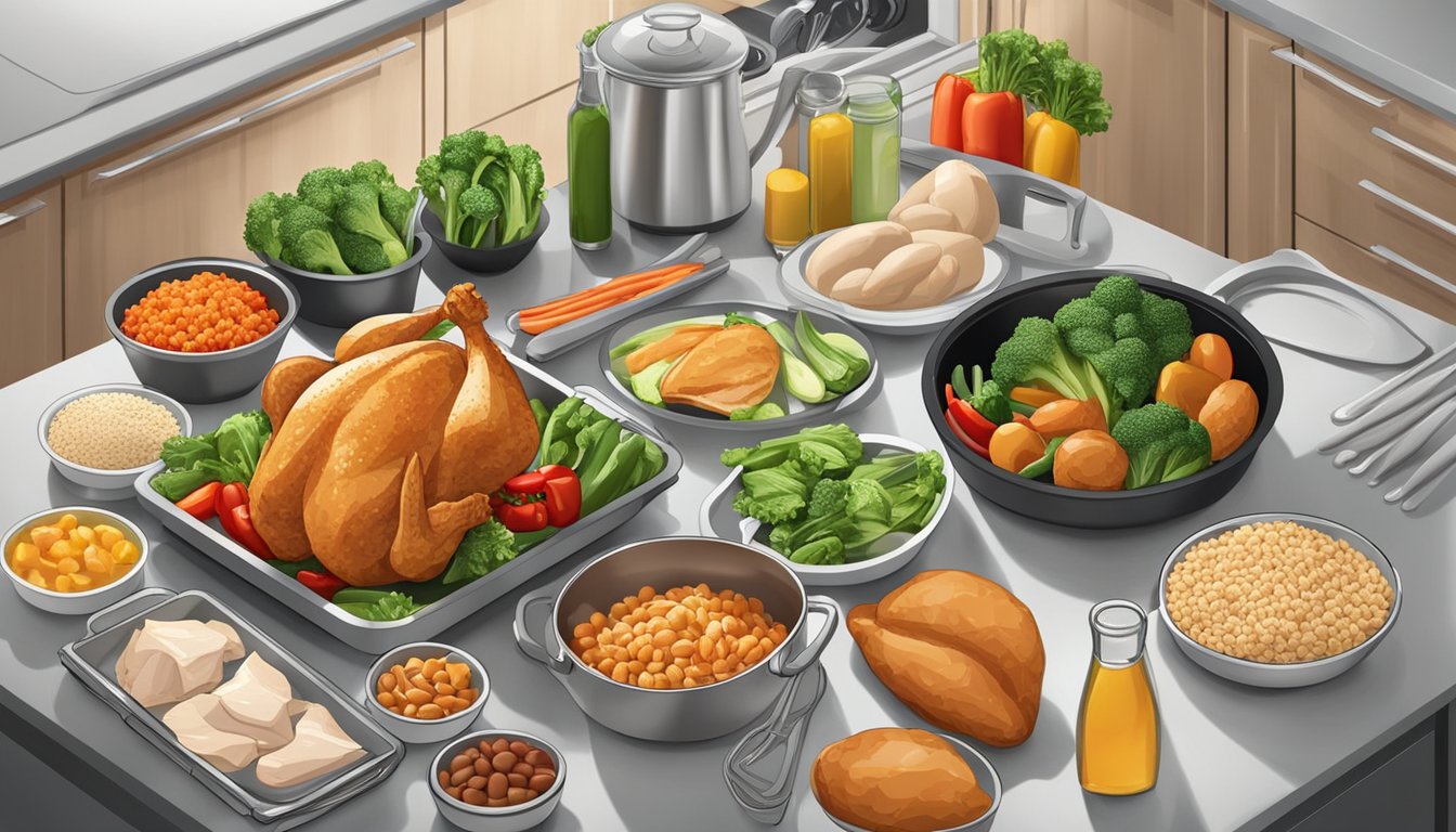 A kitchen counter with a variety of Tyson chicken products, fresh vegetables, and cooking utensils laid out for preparing protein-packed meals