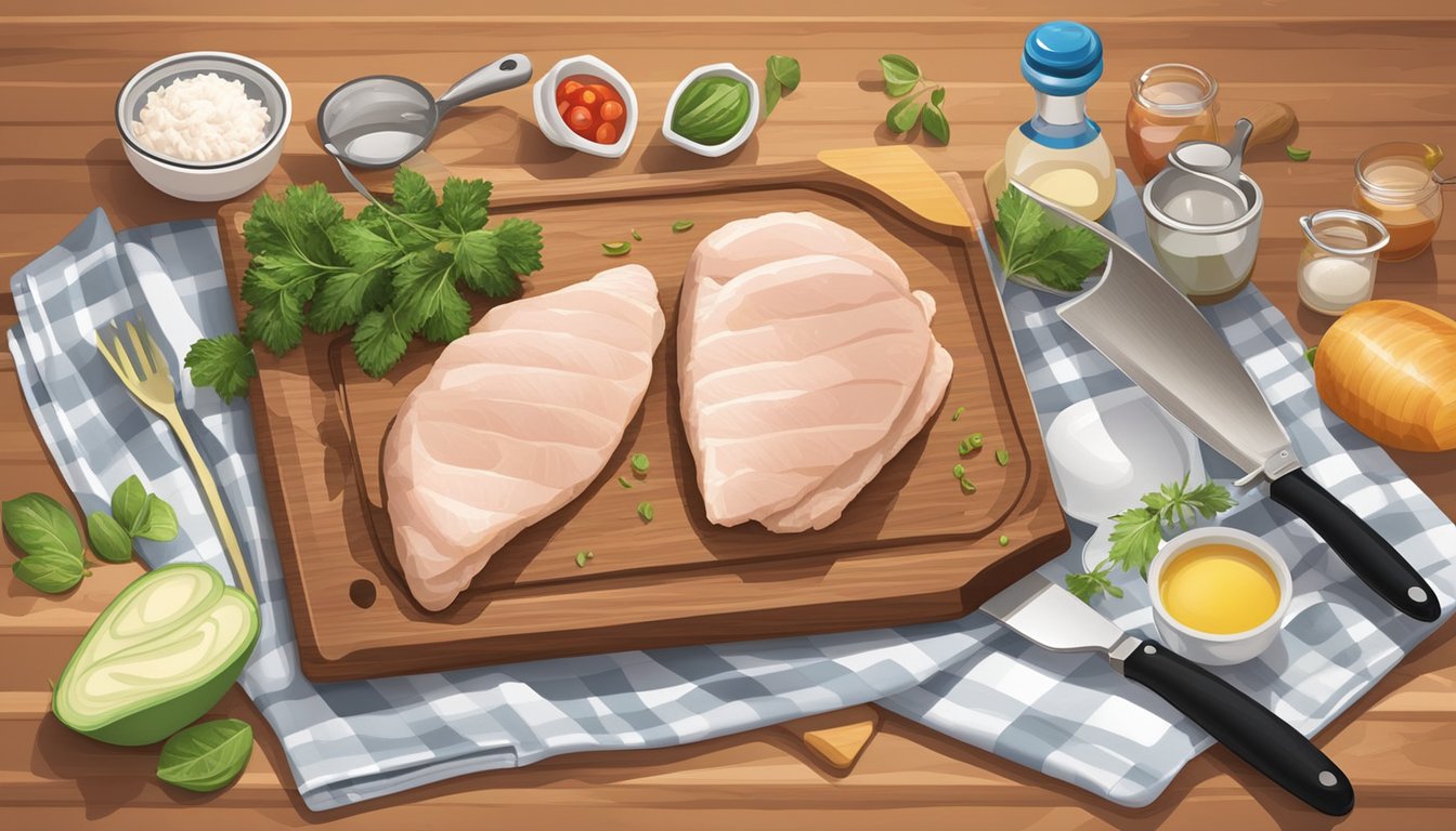 A kitchen counter with a cutting board, knife, skillet, and raw Tyson chicken breasts, surrounded by various essential cooking utensils