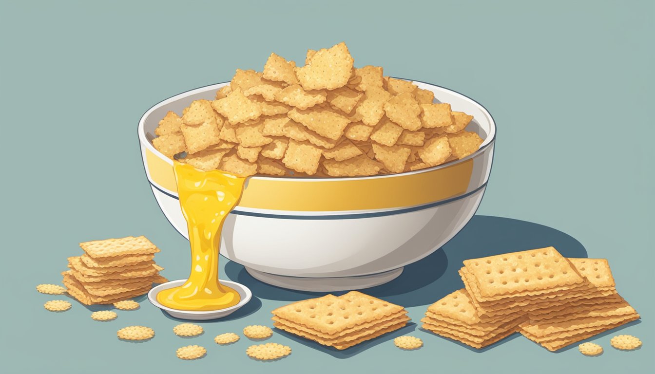 A bowl of melted butter with crushed Ritz crackers sprinkled on top, next to a stack of unopened cracker sleeves