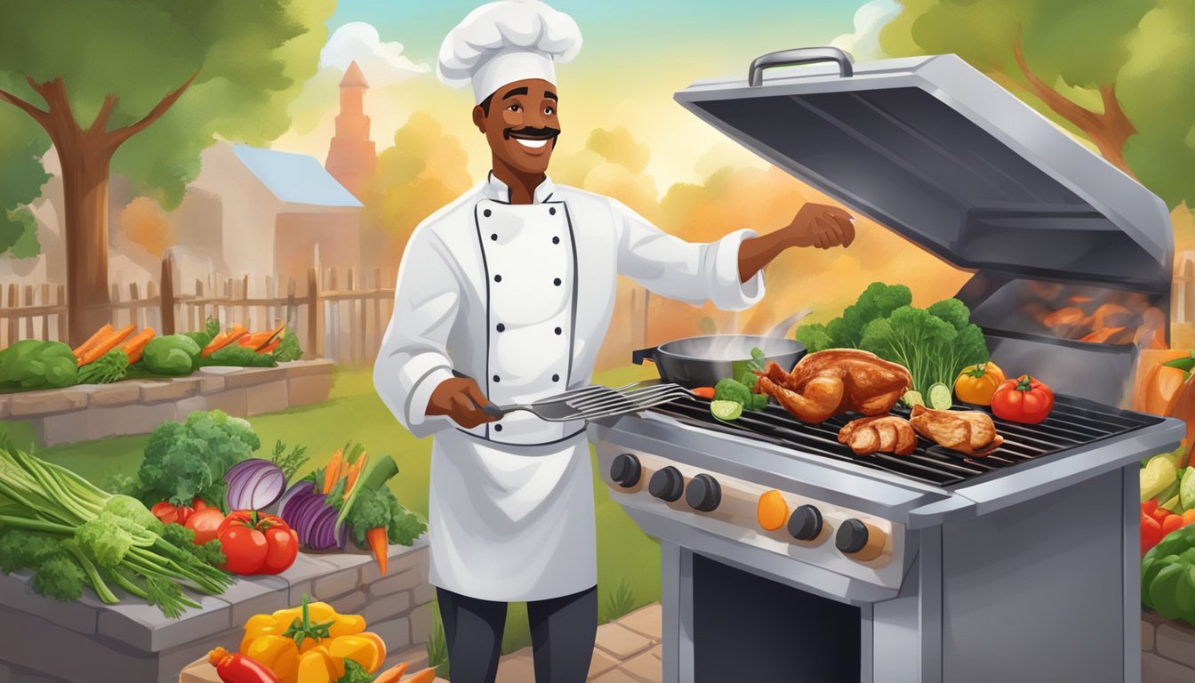 A chef grilling Tyson chicken on a barbecue, surrounded by colorful vegetables and herbs, showcasing healthy and protein-rich cooking methods