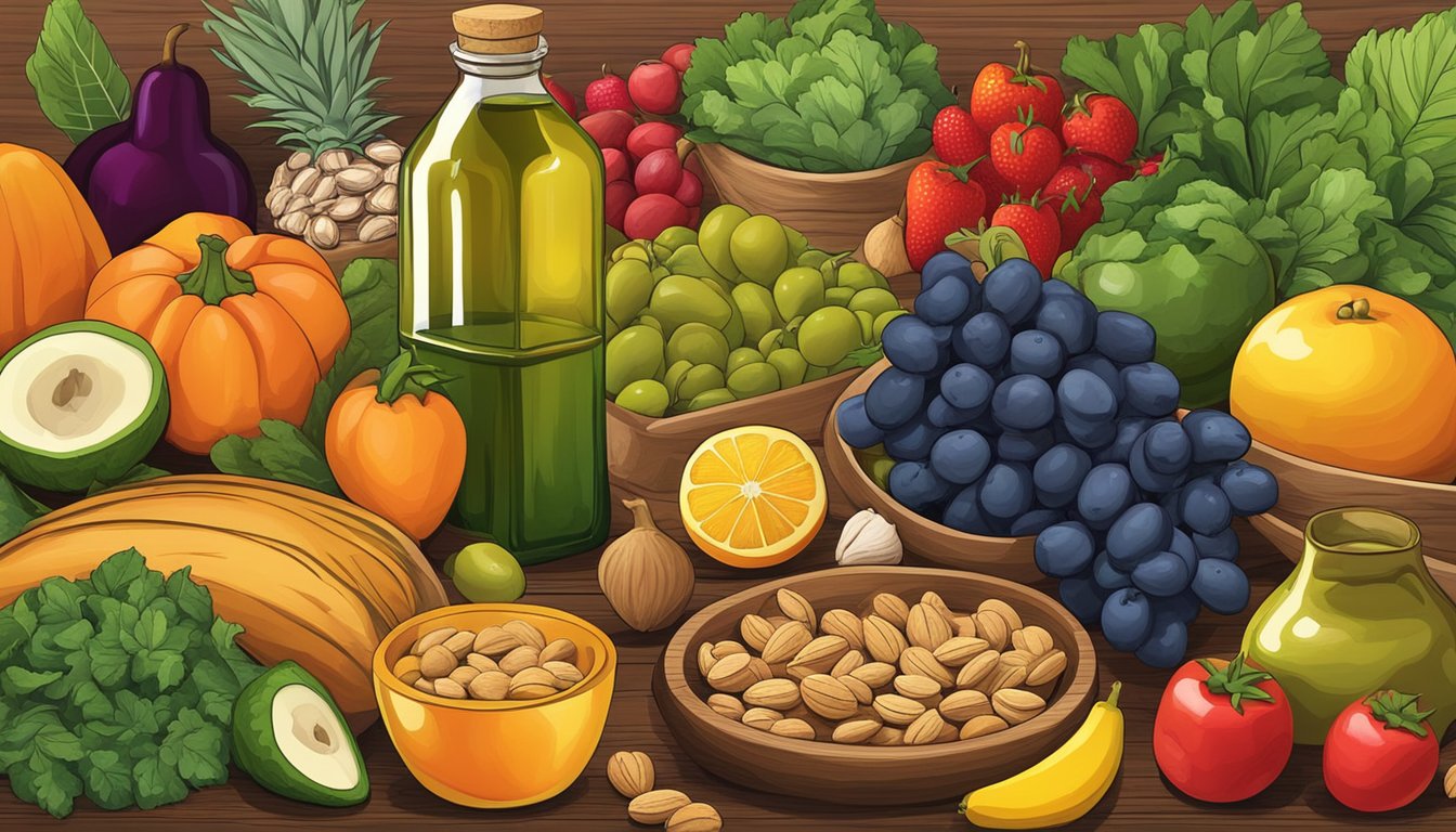 A colorful array of fresh fruits and vegetables arranged on a wooden table, with a bottle of olive oil and a bowl of nuts