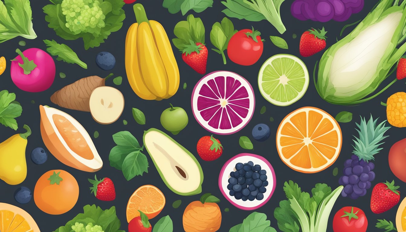 A colorful array of fruits and vegetables arranged on a table, with a keto diet meal plan and vitiligo-friendly foods highlighted