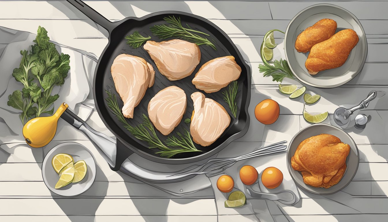 A kitchen counter with various ingredients and utensils, including Tyson chicken breasts being cut and cooked in a skillet