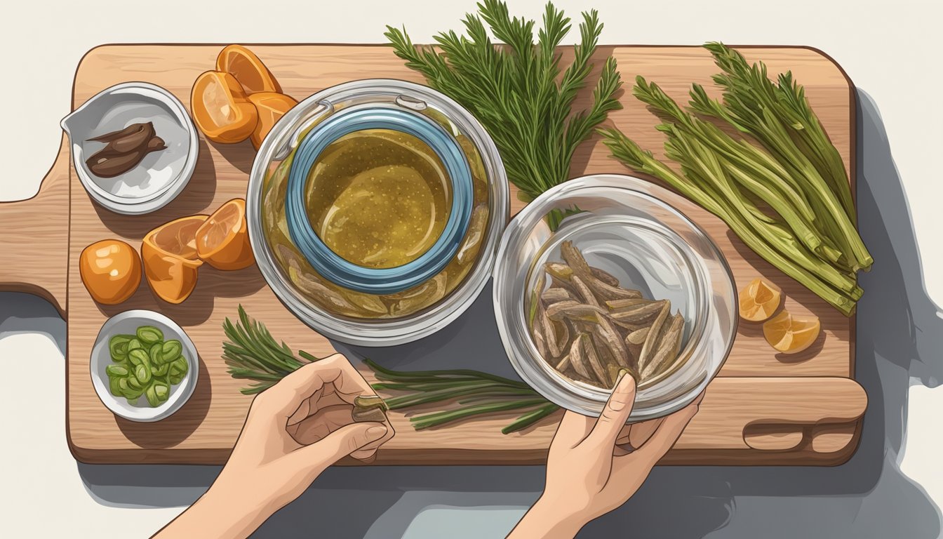 A hand reaching for a jar of anchovies next to a cutting board with various ingredients for cooking