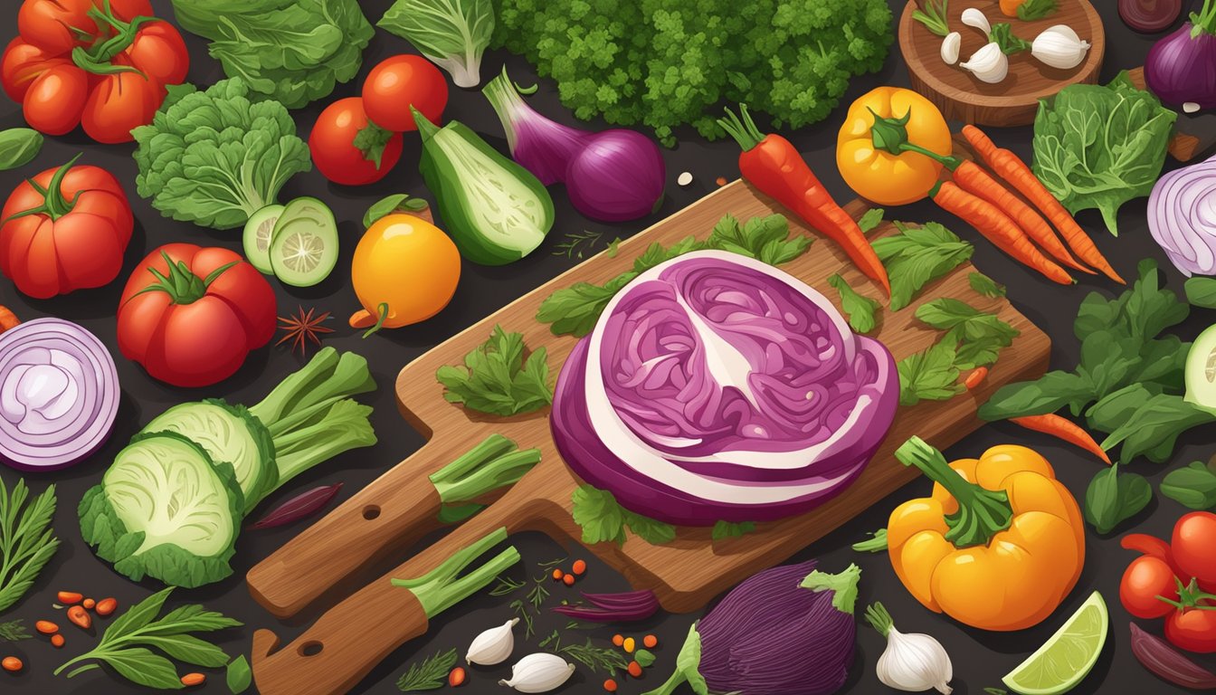 A colorful array of fresh vegetables and lean proteins displayed on a wooden cutting board, surrounded by vibrant herbs and spices