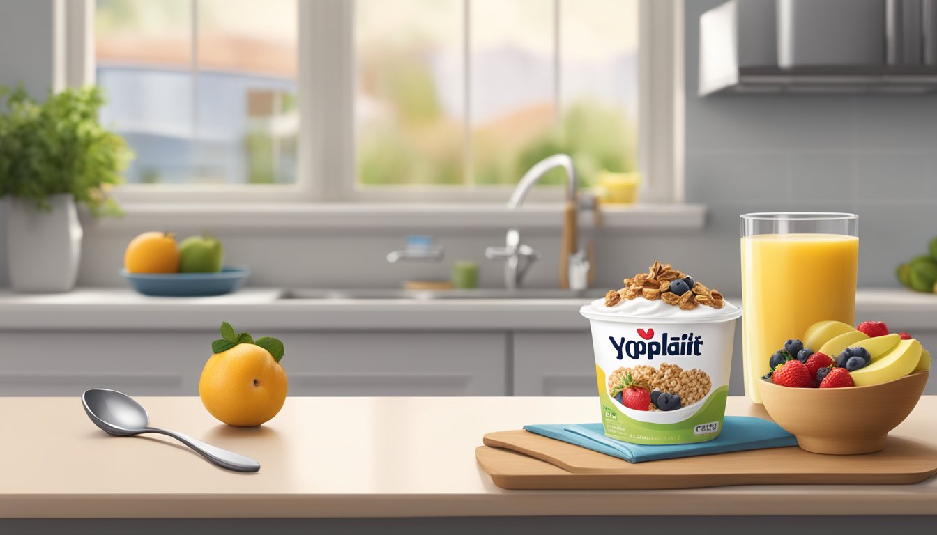 A bowl of Yoplait yogurt sits on a kitchen counter, surrounded by fresh fruits, granola, and a spoon. A recipe book is open to a page featuring a yogurt-based dish