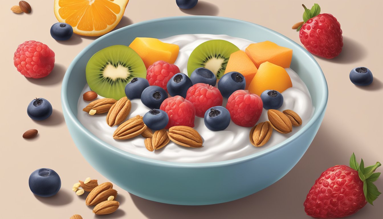 A bowl of Yoplait yogurt sits next to a variety of fresh fruits, nuts, and granola. A spoon is poised to mix the ingredients together