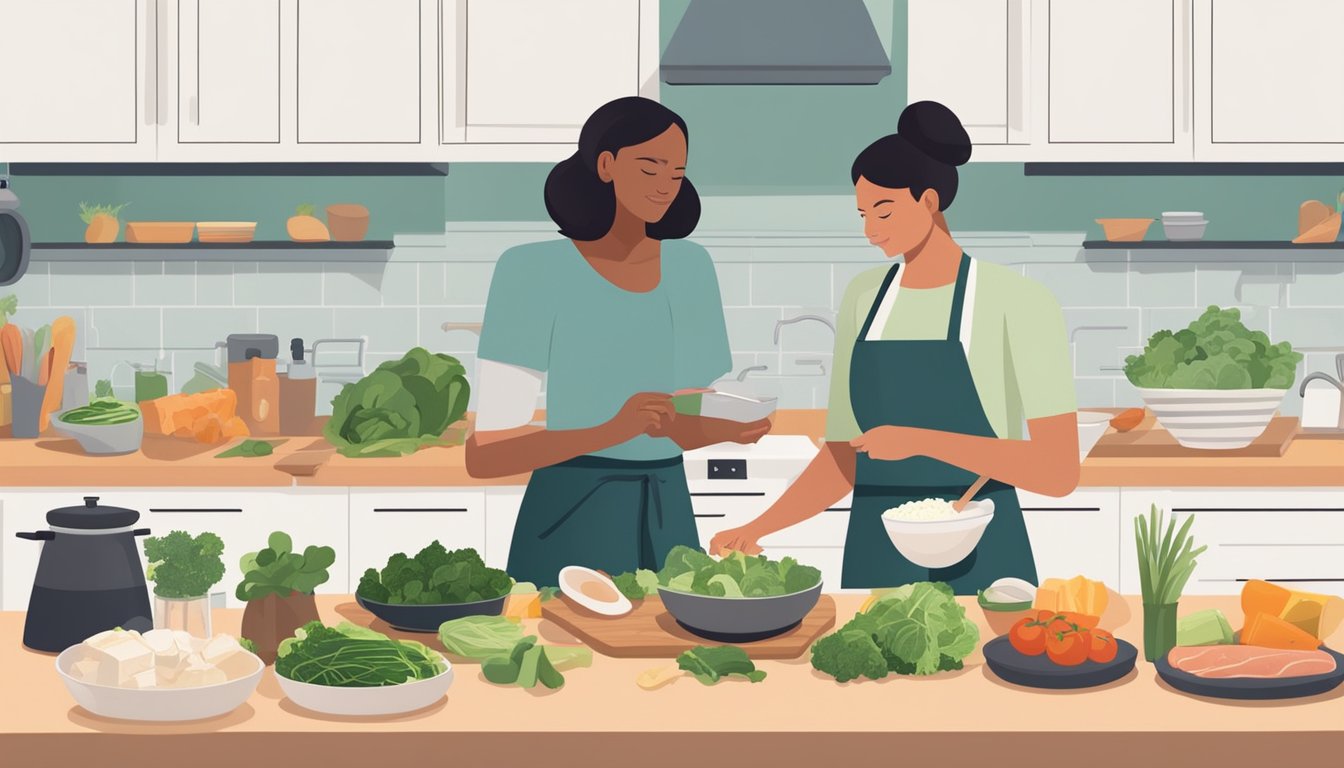 A person preparing a keto-friendly meal with a variety of bone-healthy foods such as leafy greens, dairy products, and fatty fish on a kitchen counter