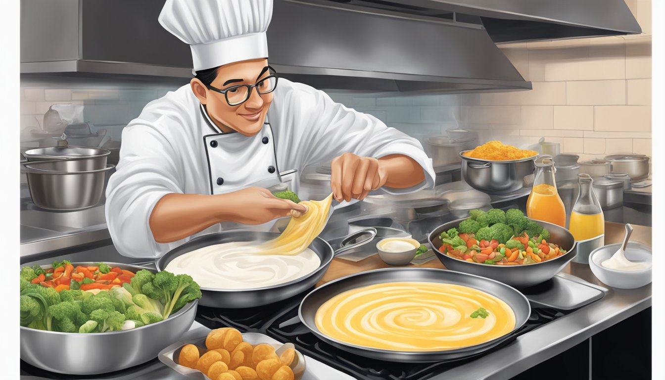 A chef adding Yoplait yogurt to a sizzling skillet of savory dishes