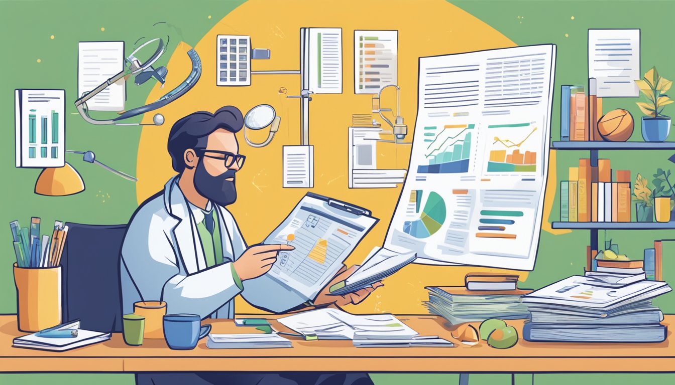 A researcher examining a graph showing the correlation between keto diet and bone health, surrounded by various scientific journals and papers