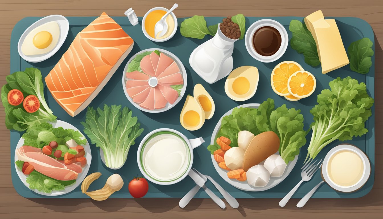 A table set with a variety of foods rich in calcium and vitamin D, such as dairy products, leafy greens, and fatty fish, surrounded by a backdrop of healthy bones and joints