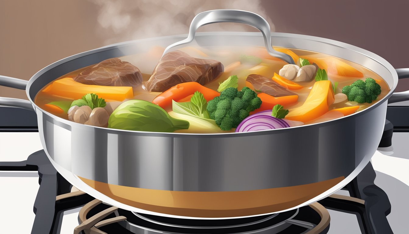 A pot of savory soup simmers on the stove, filled with colorful vegetables and chunks of meat, all cooked in V8 juice. Steam rises from the pot, and the aroma of herbs and spices fills the air