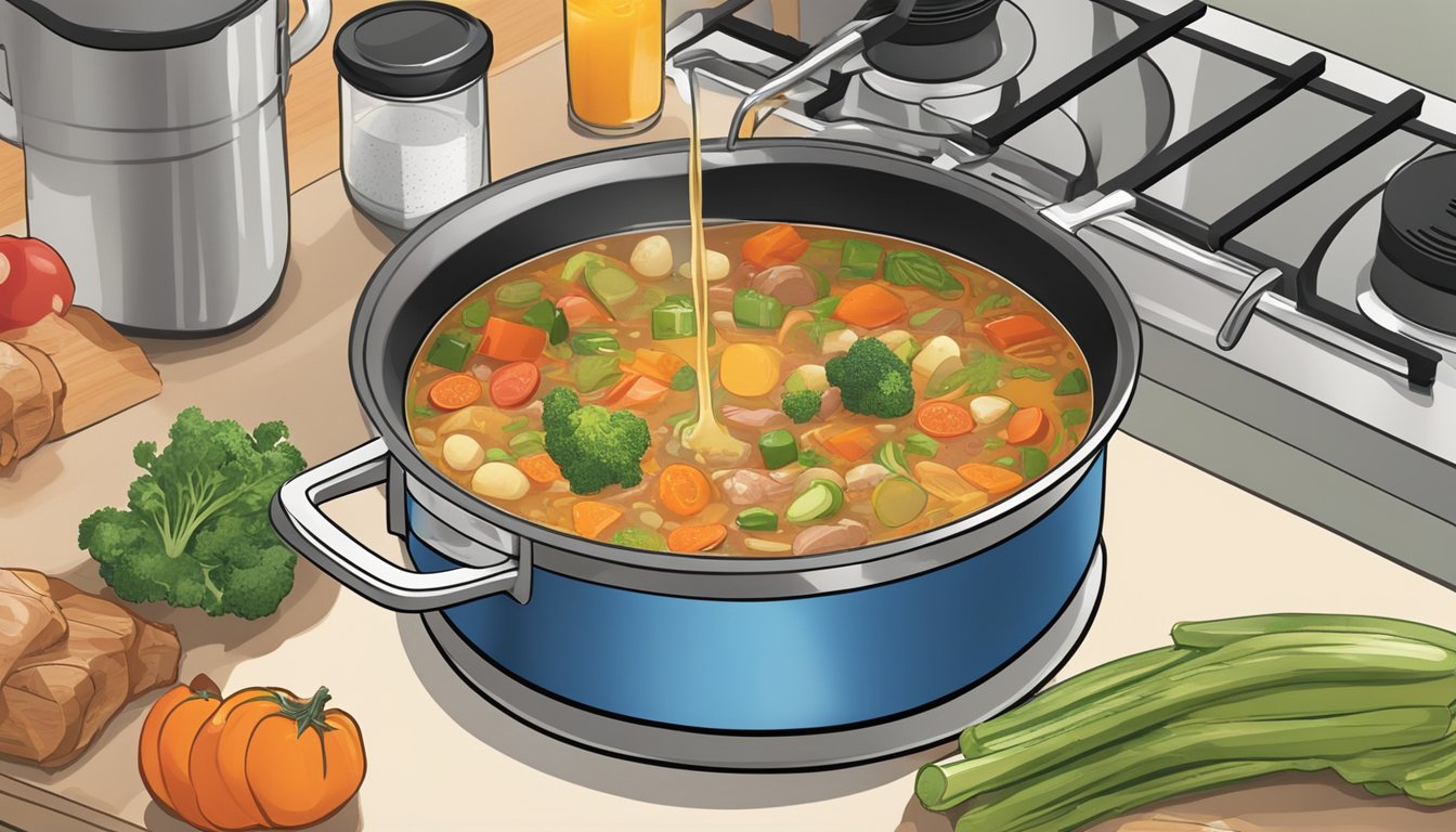 A pot of savory soup simmering on a stovetop, with various vegetables, meats, and seasonings being added, including a can of V8 juice being poured into the mix