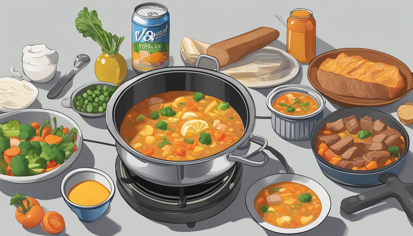 A pot of savory soup simmering on a stove, with various vegetables and meats being added, and a can of V8 juice being poured in for flavor