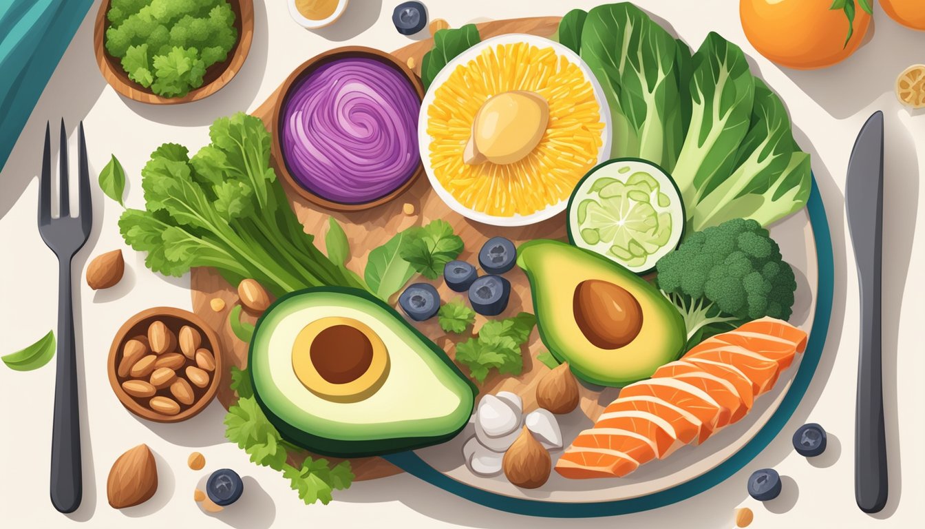 A colorful plate of keto-friendly foods surrounded by anti-inflammatory ingredients