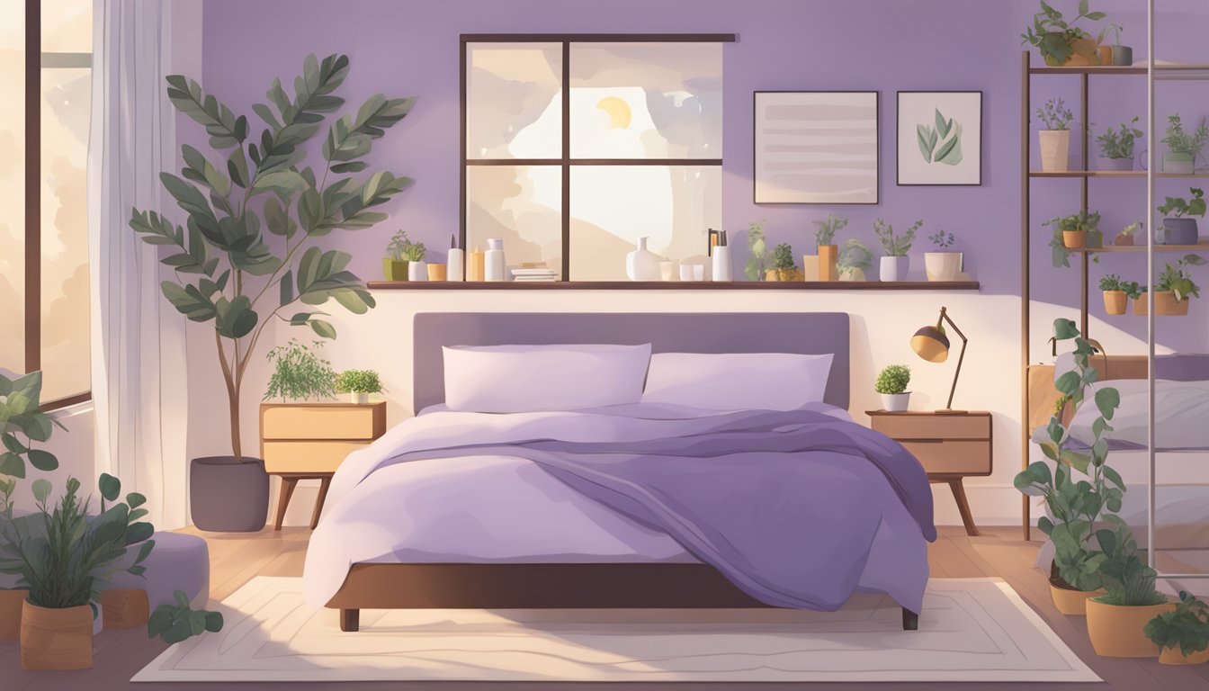 A serene bedroom with a plate of keto-friendly foods and a cozy bed with sleep-inducing elements like lavender and chamomile