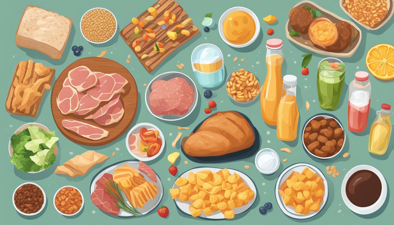 A table with various foods: fatty meats, processed snacks, and sugary drinks. Inflammation symbols around them