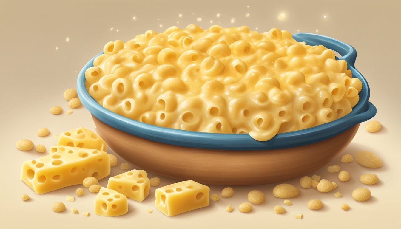 A bubbling pot of creamy macaroni and cheese, with a generous sprinkling of golden, melty Sargento cheese on top