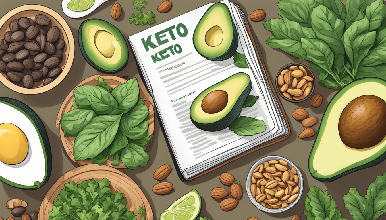 A table set with keto-friendly foods, including avocados, nuts, and leafy greens, with a cookbook open to a page of keto recipes