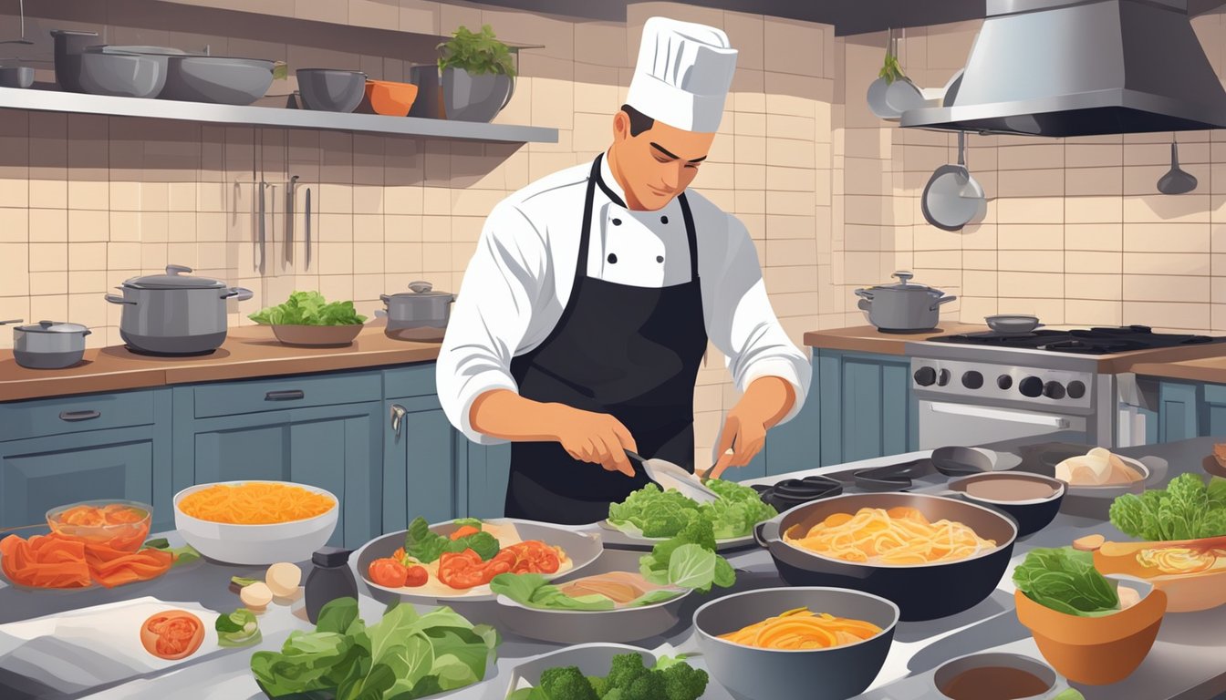 A chef preparing a variety of keto-friendly dishes in a restaurant kitchen, using fresh ingredients and specialized cooking techniques