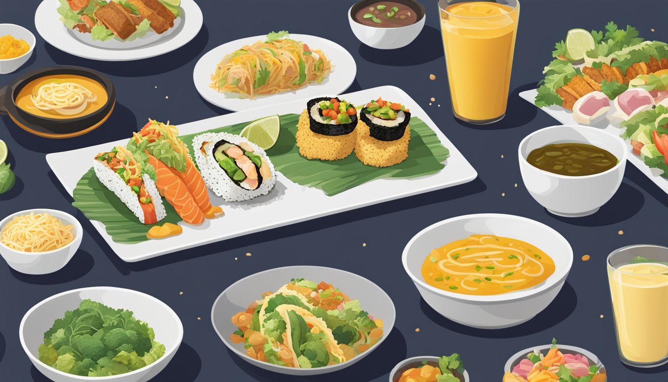 A variety of international dishes, including sushi, tacos, and curry, are displayed on a table with a "Keto-Friendly" sign