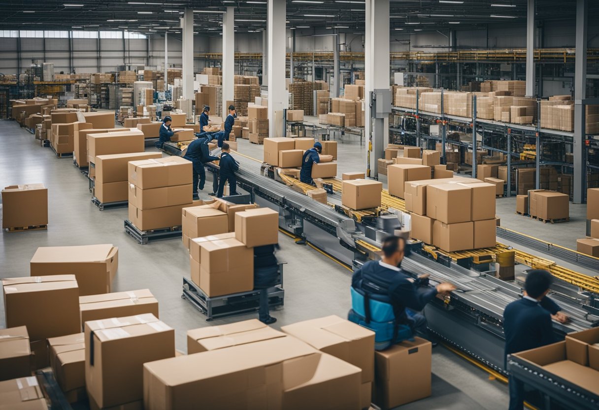 A busy warehouse with workers packing and shipping boxes of various sizes, a conveyor belt moving packages, and a computer station for online orders