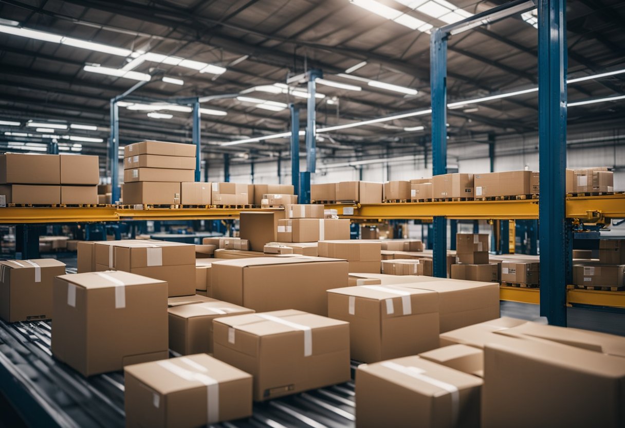 A streamlined e-commerce shipping process with packages being sorted, labeled, and loaded onto delivery trucks