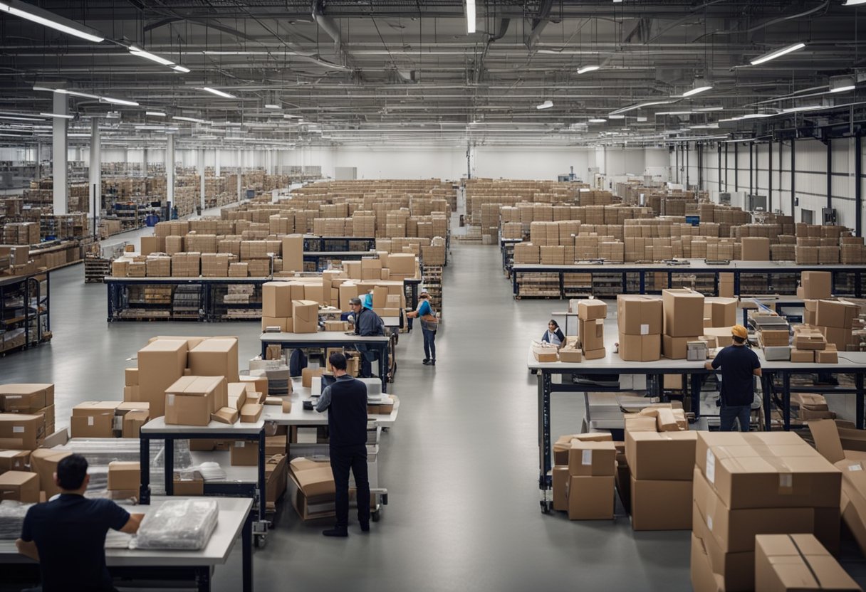 A busy e-commerce warehouse with workers packing and shipping orders, while PostFromUS software streamlines the shipping process
