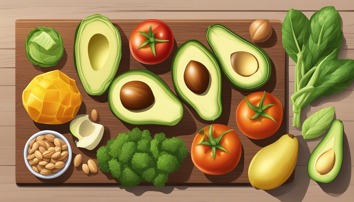 A colorful array of fresh vegetables and healthy fats, such as avocado and nuts, arranged on a wooden cutting board