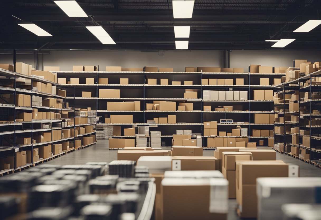 An e-commerce warehouse with shelves of products, a computer workstation, and shipping supplies neatly organized for efficient order fulfillment